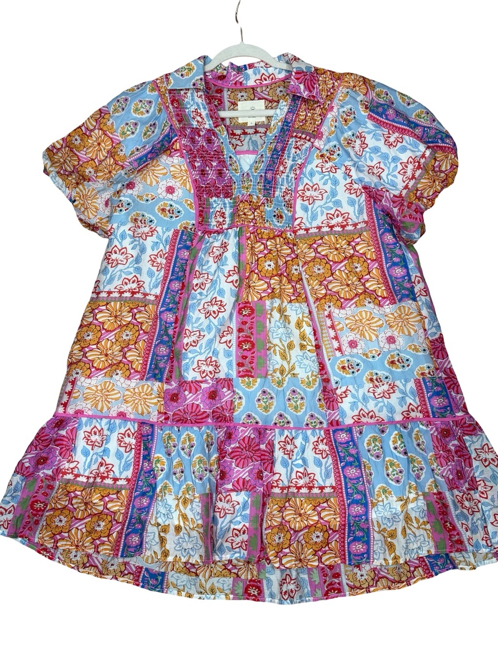 ☀️Umgee Patchwork Print Smocked Mini Dress Collared Split V-Neck Size Large Boho - Picture 8 of 11